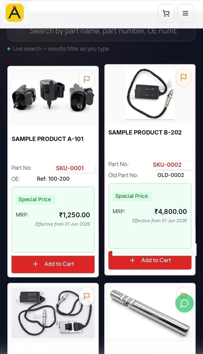 Digital catalogue on a phone, with sample products and prices